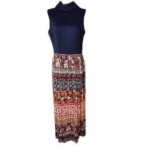 Vintage Womens Maxi Dress 60s/70s Mock Neck Collar Floral Navy Blue Orange Small
